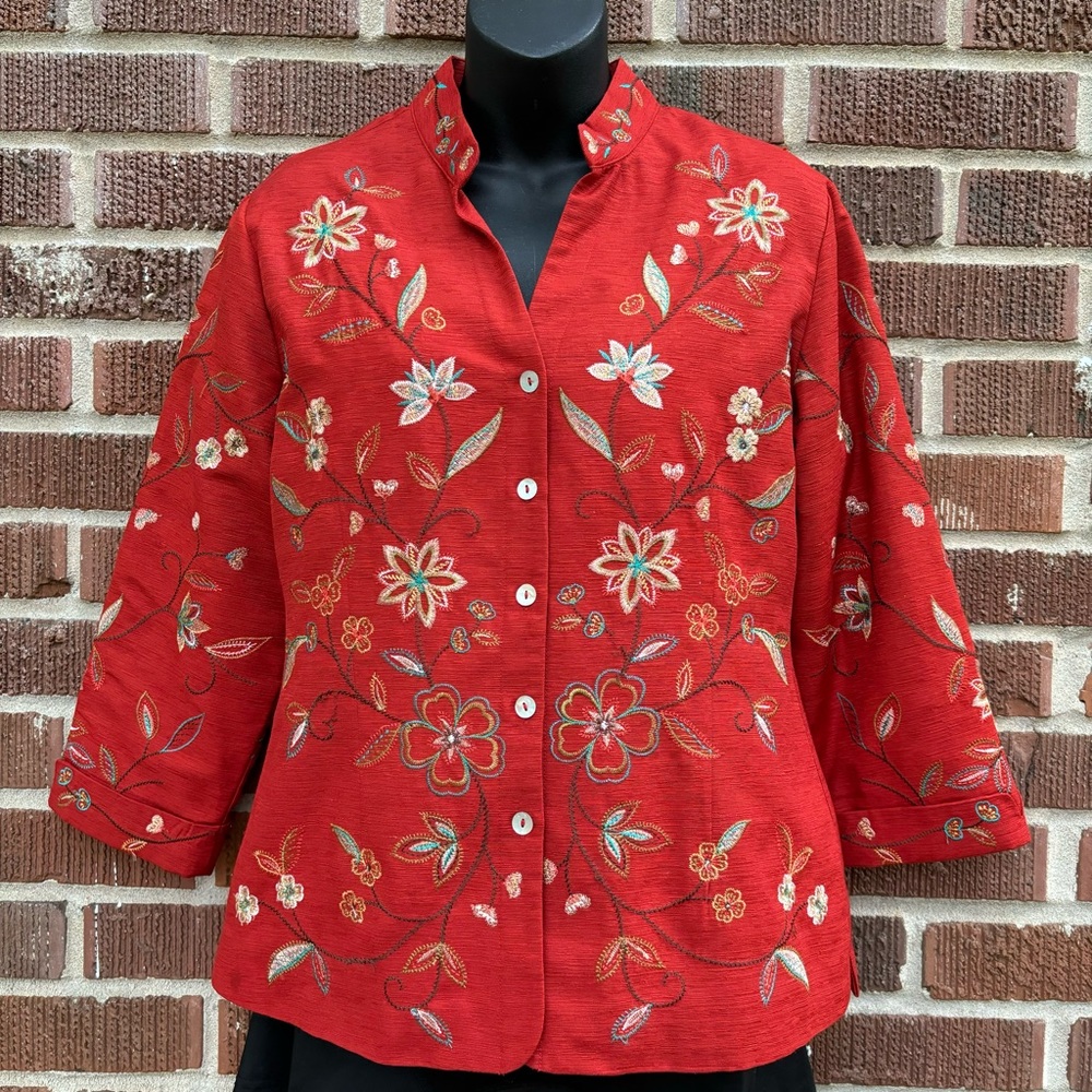 Silk Land Womens Burnt Orange Silk Fairy Jacket Sz M Embroidered 3/4 sleeve